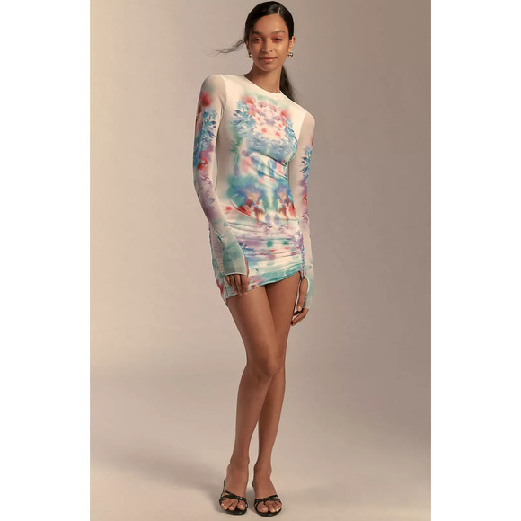 Anthropologie AFRM Mirza Ruched Mesh Long Sleeve Mini Dress, size S - Picture 2 of 9